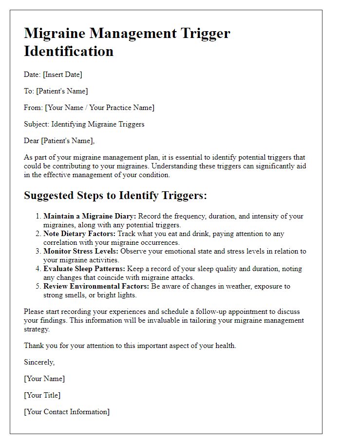 Letter template of triggers identification in migraine management.