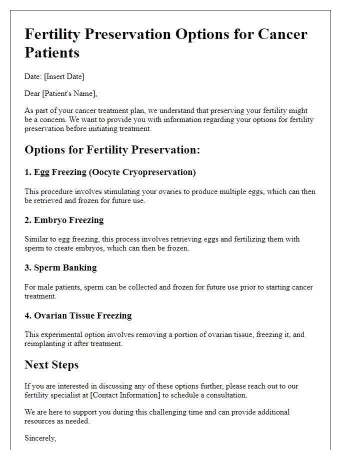 Letter template of fertility preservation options for cancer patients