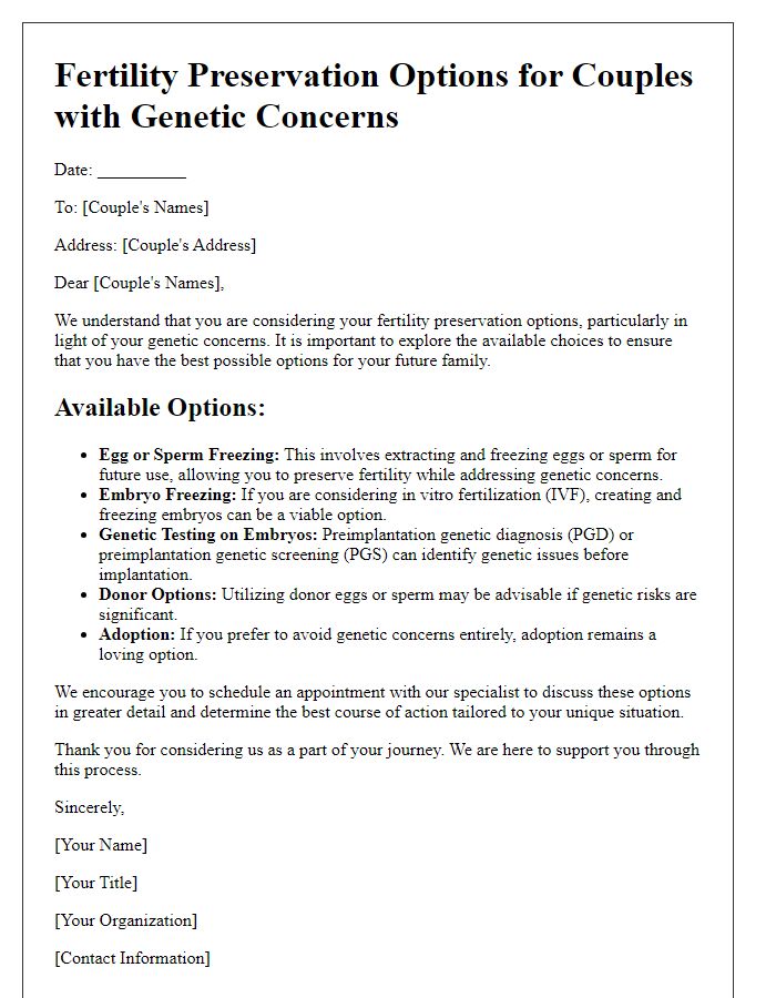 Letter template of fertility preservation options for couples with genetic concerns