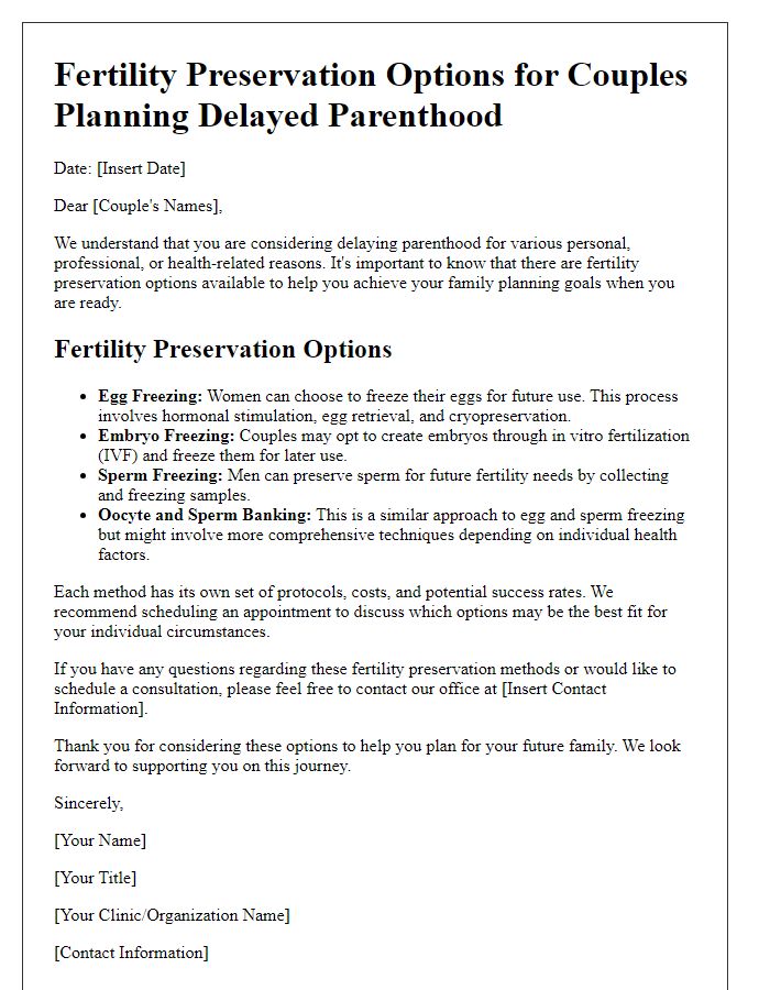 Letter template of fertility preservation options for couples planning delayed parenthood