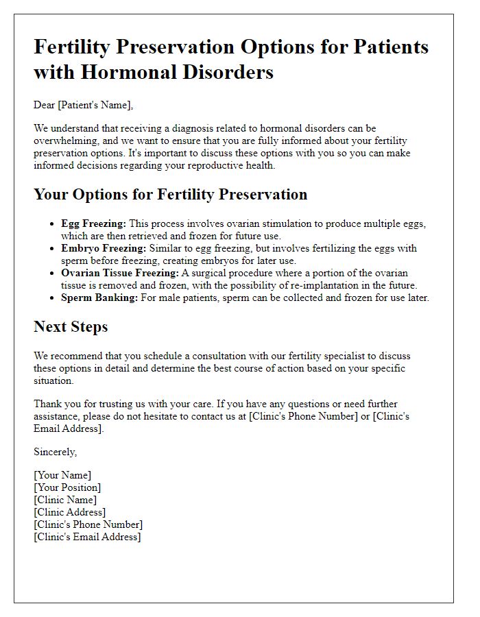 Letter template of fertility preservation options for patients with hormonal disorders