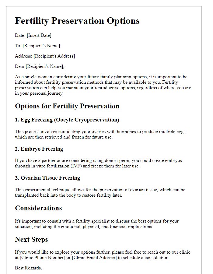 Letter template of fertility preservation options for single women