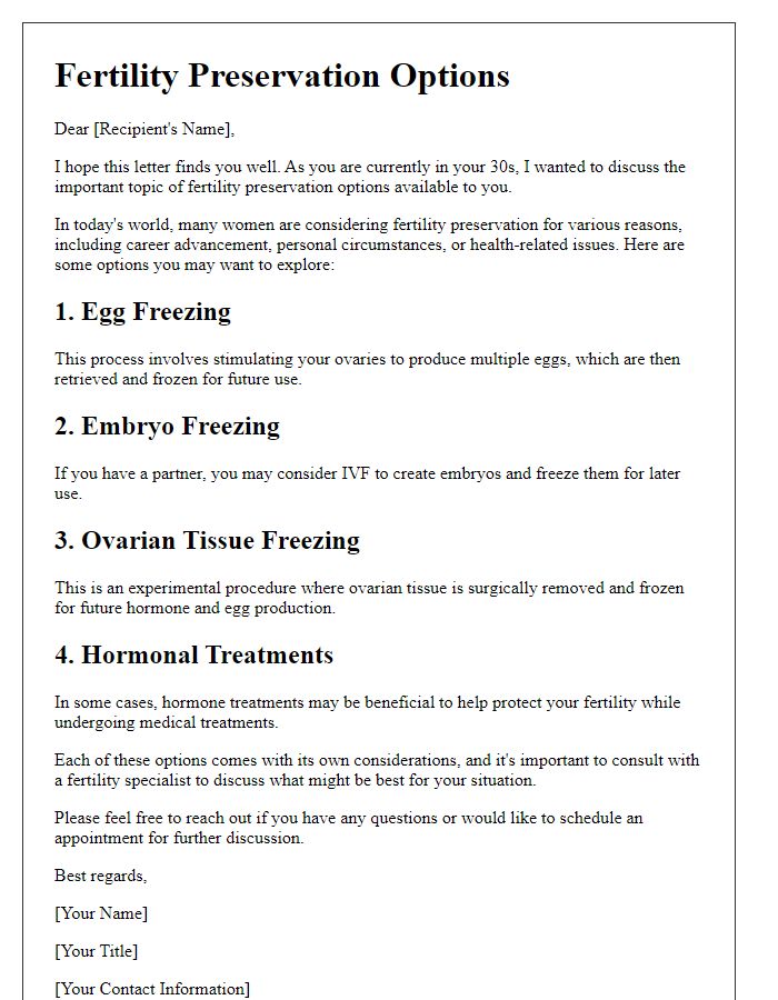 Letter template of fertility preservation options for women in their 30s