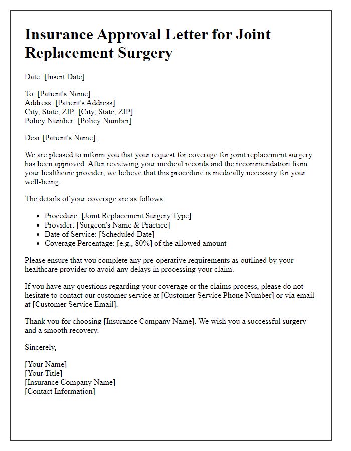 Letter template of approval for joint replacement surgery by insurance