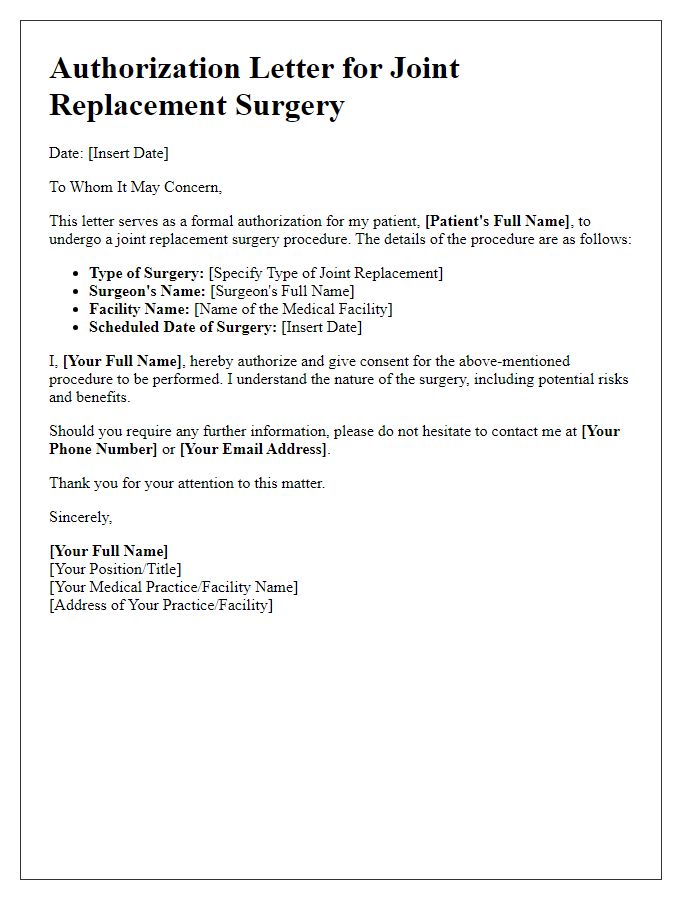 Letter template of authorization for joint replacement surgery procedure