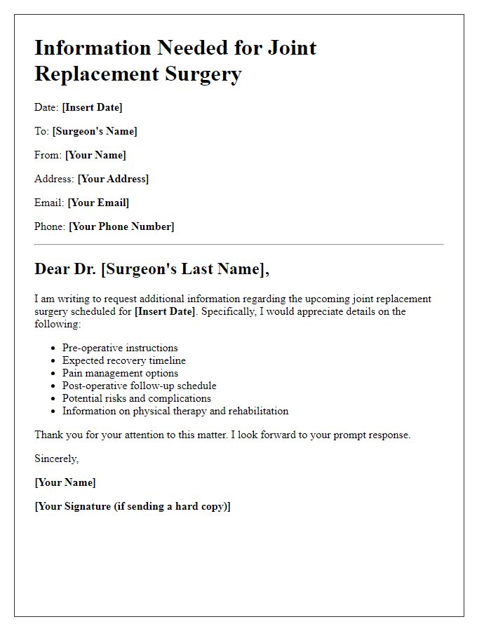 Letter template of information needed for joint replacement surgery