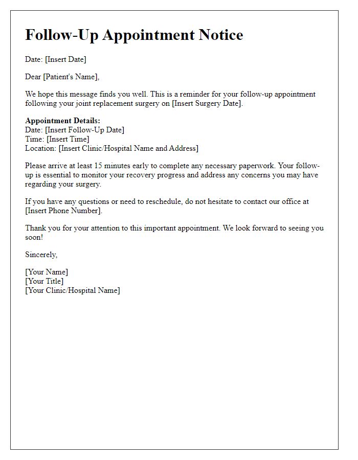 Letter template of notice for joint replacement surgery follow-up