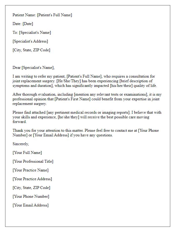 Letter template of referral for joint replacement surgery specialist