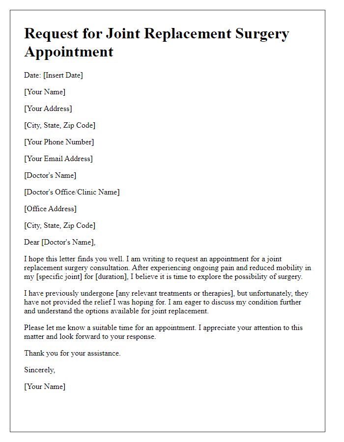 Letter template of request for joint replacement surgery appointment