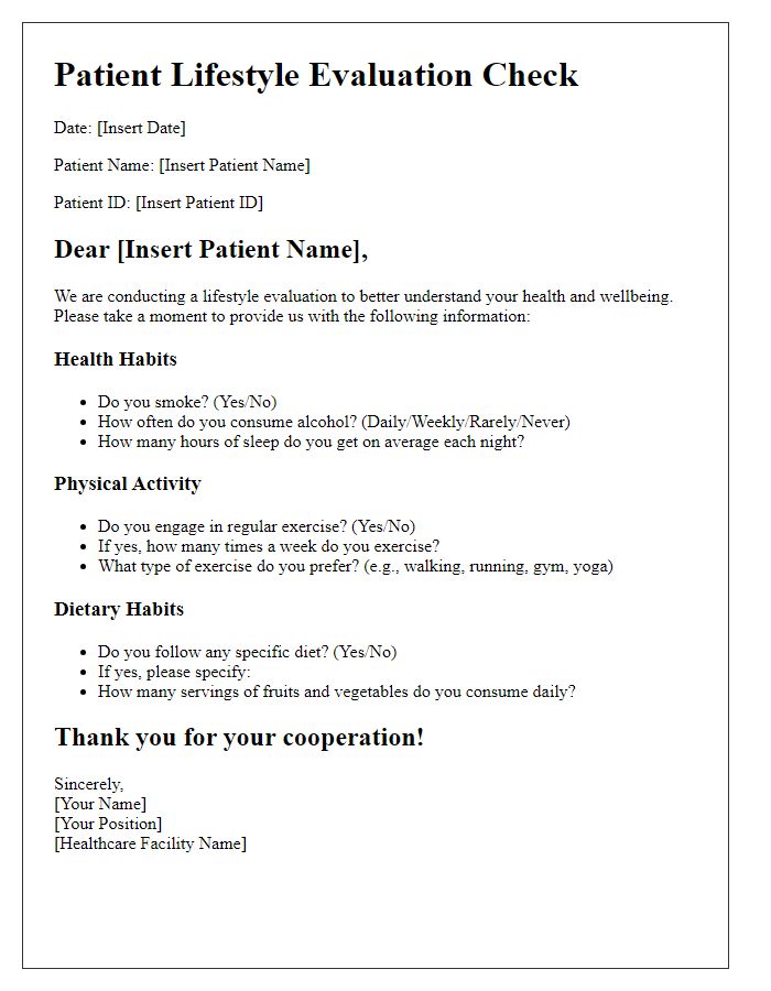 Letter template of patient lifestyle evaluation check