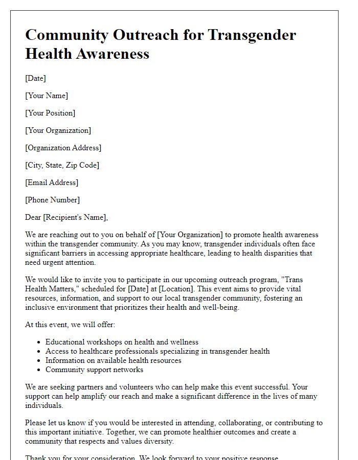 Letter template of community outreach for transgender health awareness.