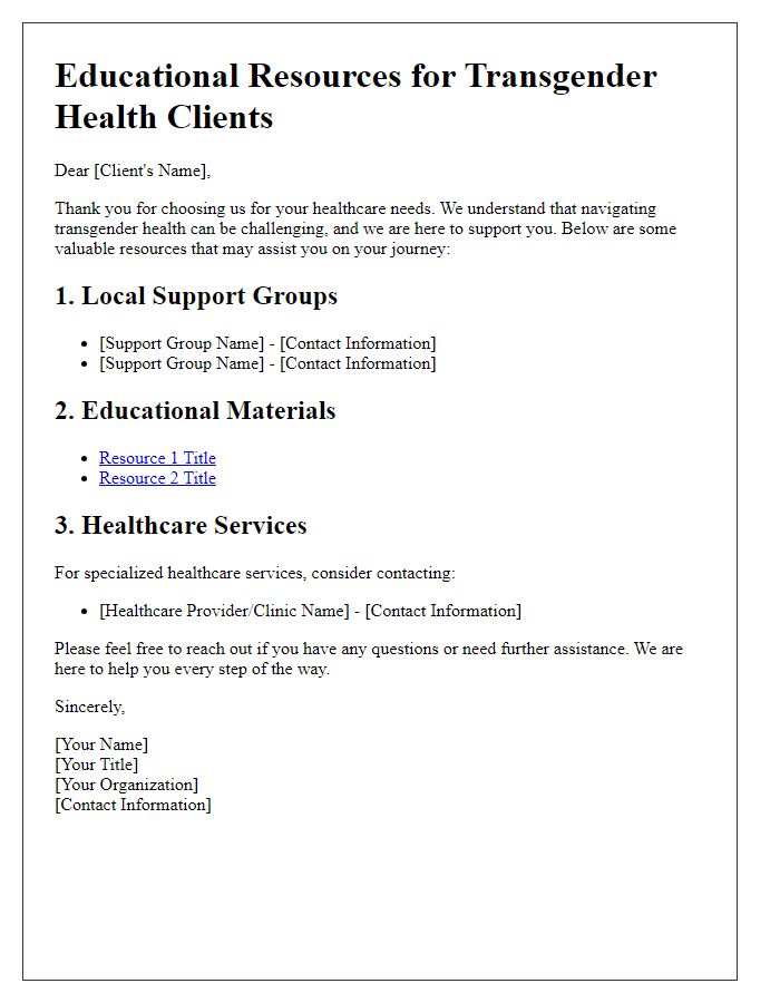 Letter template of educational resources for transgender health clients.