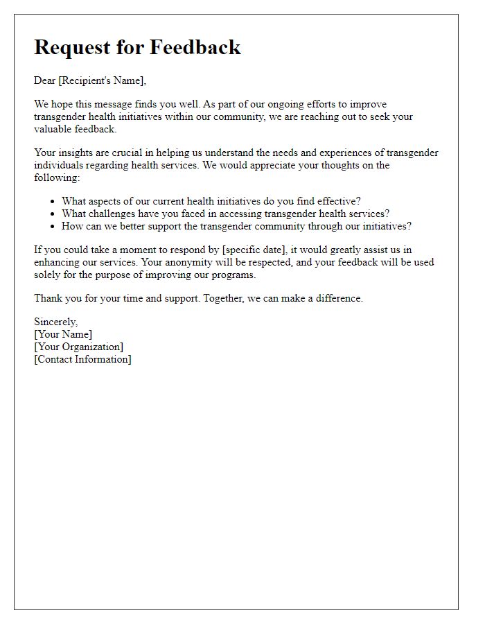 Letter template of feedback request for transgender health initiatives.