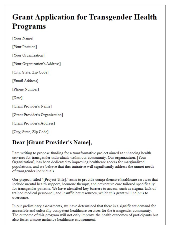 Letter template of grant application for transgender health programs.