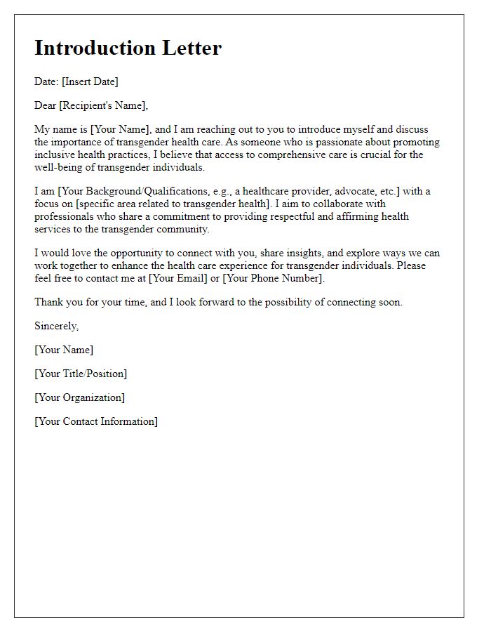 Letter template of introduction to transgender health care professionals.