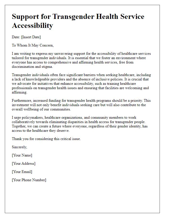 Letter template of support for transgender health service accessibility.