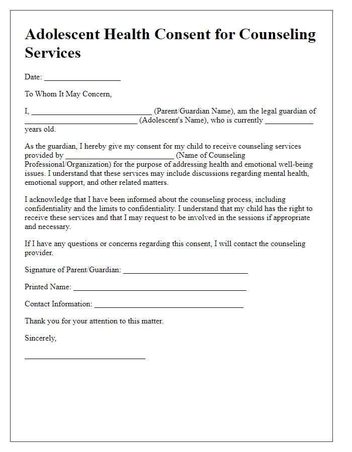 Letter template of adolescent health consent for counseling services