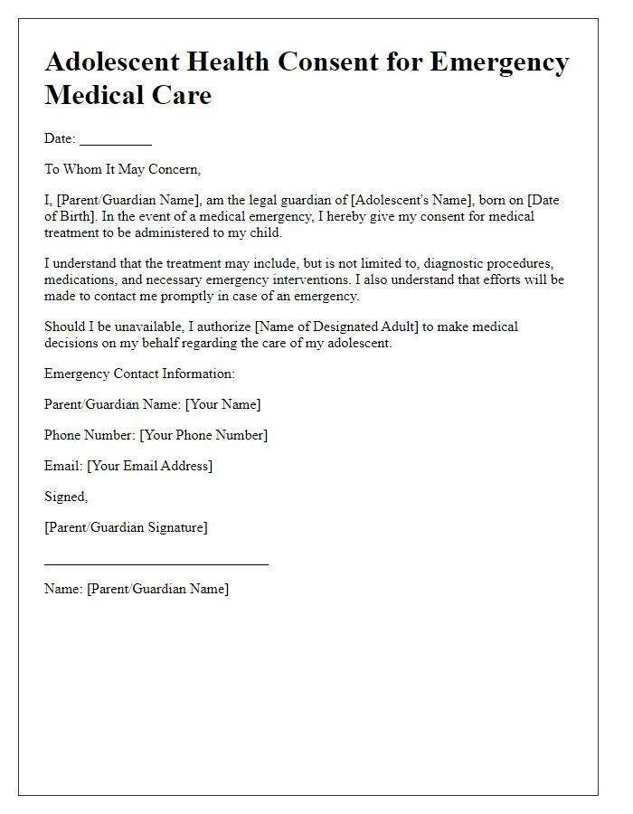 Letter template of adolescent health consent for emergency medical care