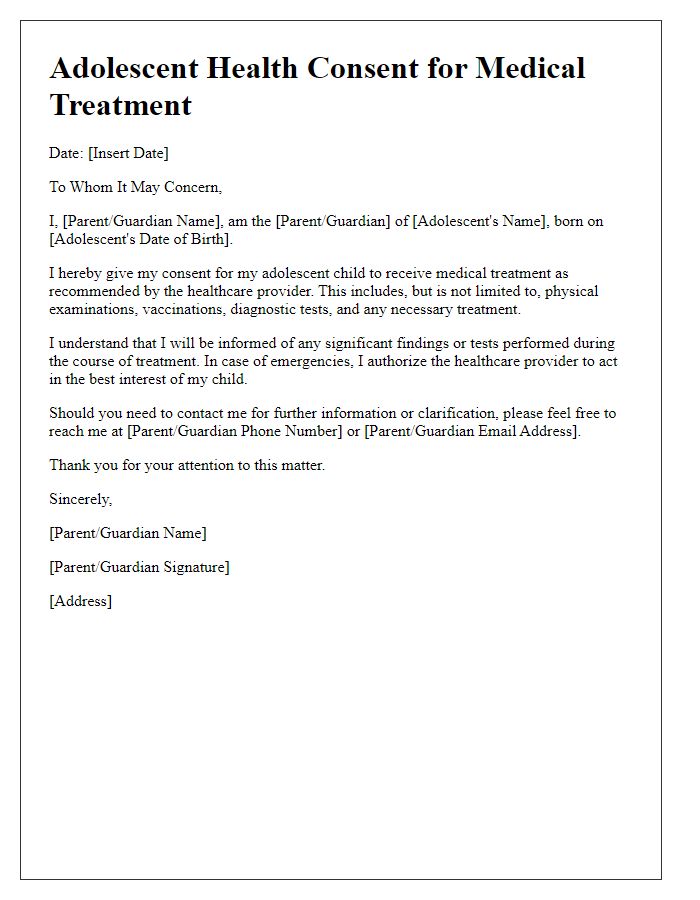 Letter template of adolescent health consent for medical treatment