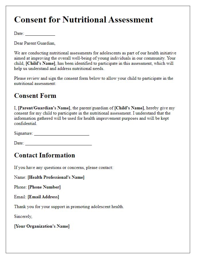 Letter template of adolescent health consent for nutritional assessments