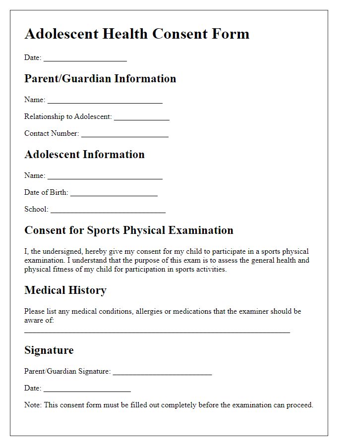 Letter template of adolescent health consent for sports physical examination