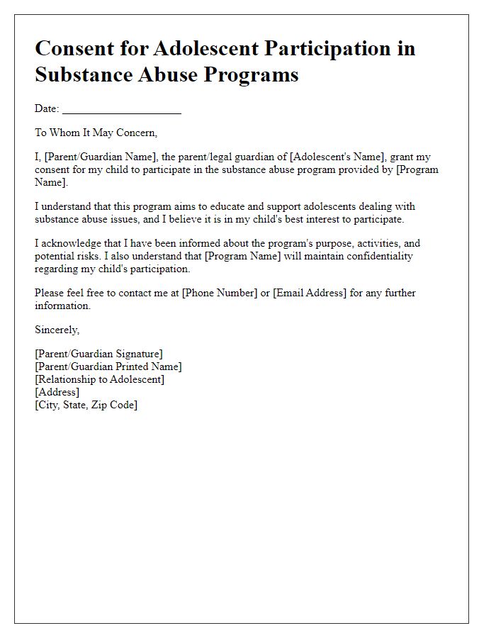 Letter template of adolescent health consent for substance abuse programs