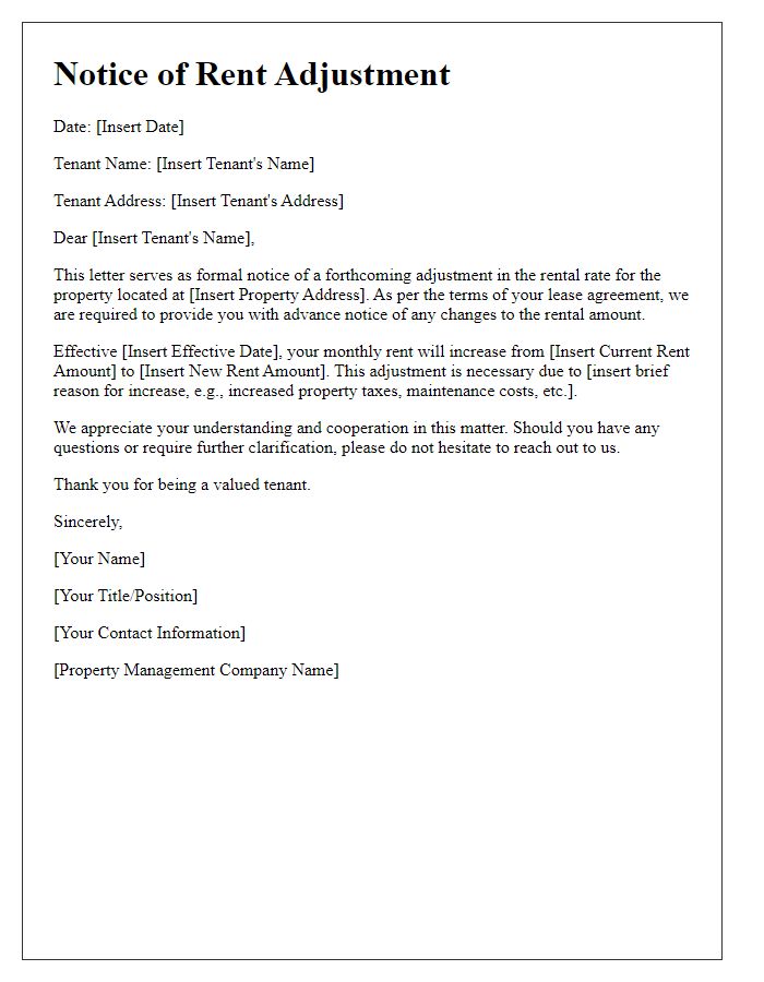 Letter template of advance notice for rent adjustment to tenants.