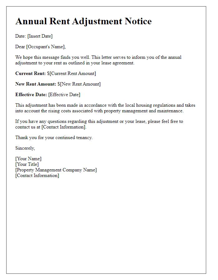 Letter template of annual rent adjustment details for occupants.