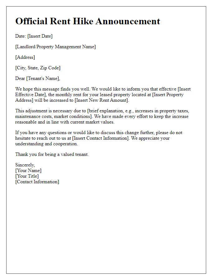 Letter template of official rent hike announcement for leaseholders.