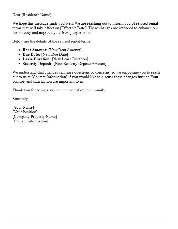 Letter template of revised rental terms communication for residents.