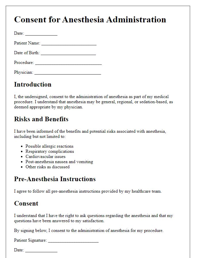 Letter template of medical procedure consent form for anesthesia administration