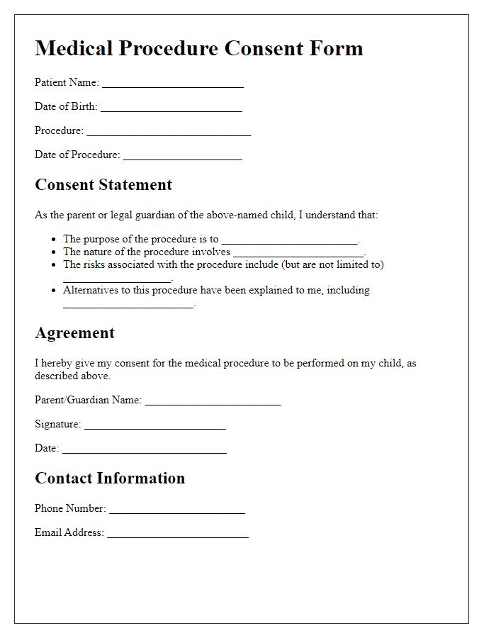 Letter template of medical procedure consent form for child patients