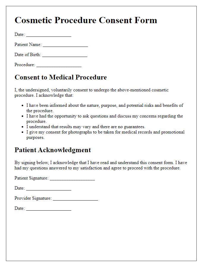 Letter template of medical procedure consent form for cosmetic procedures