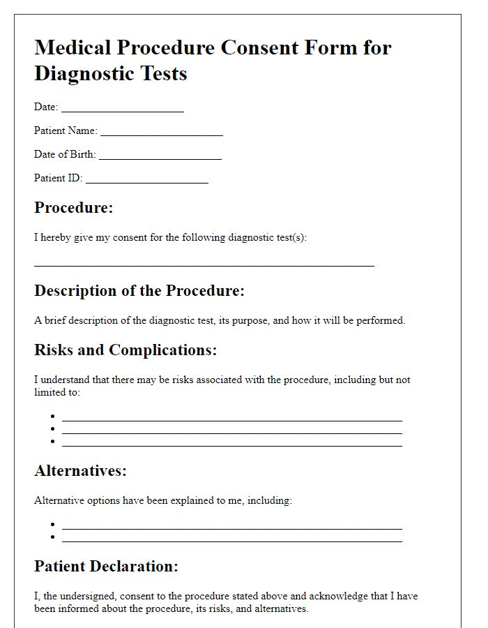 Letter template of medical procedure consent form for diagnostic tests