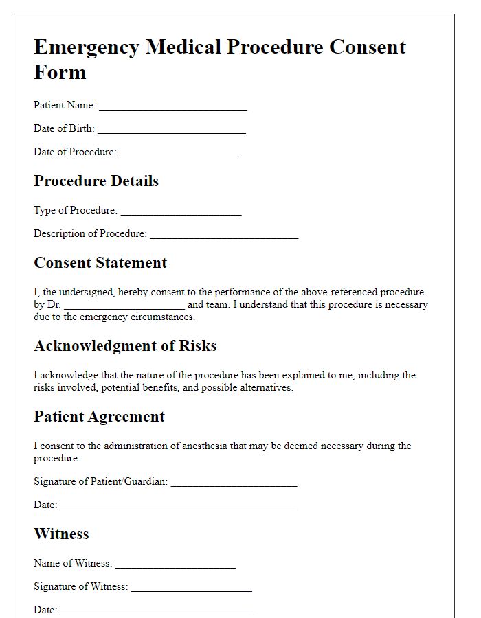 Letter template of medical procedure consent form for emergency procedures