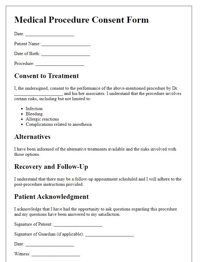 Letter template of medical procedure consent form for outpatient procedure