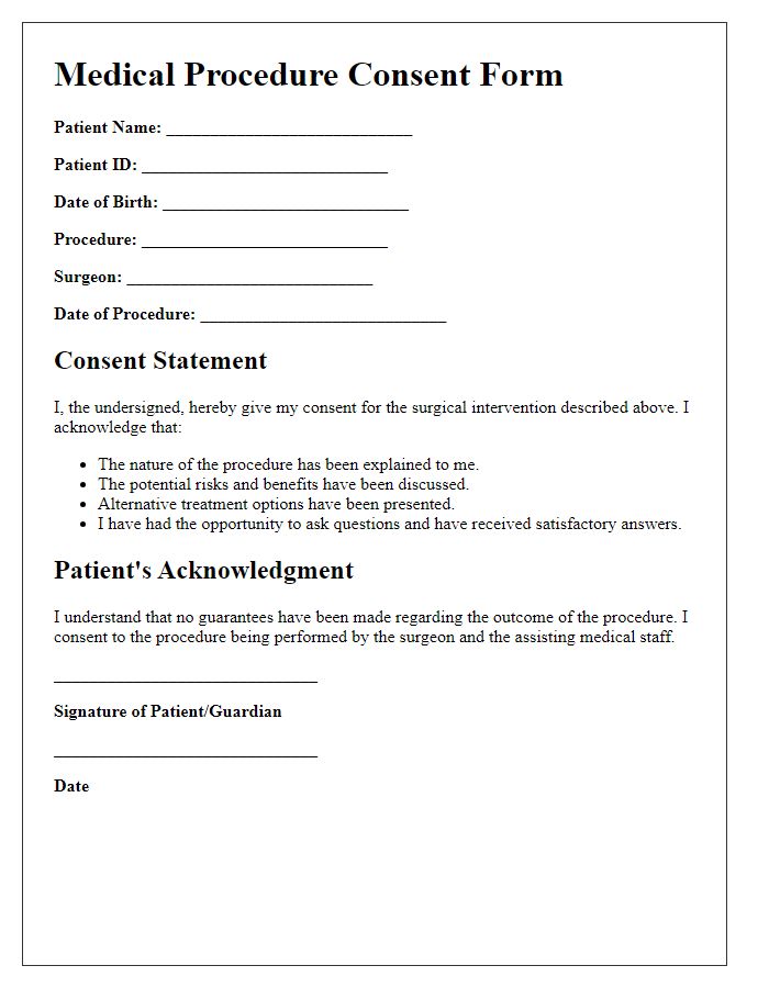 Letter template of medical procedure consent form for surgical intervention