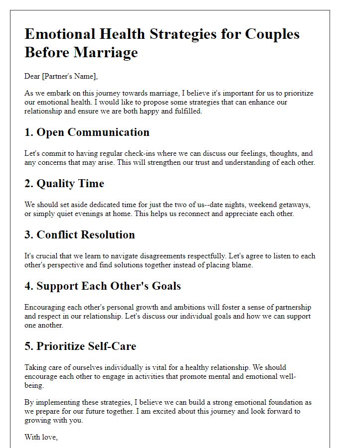 Letter template of emotional health strategies for couples before marriage