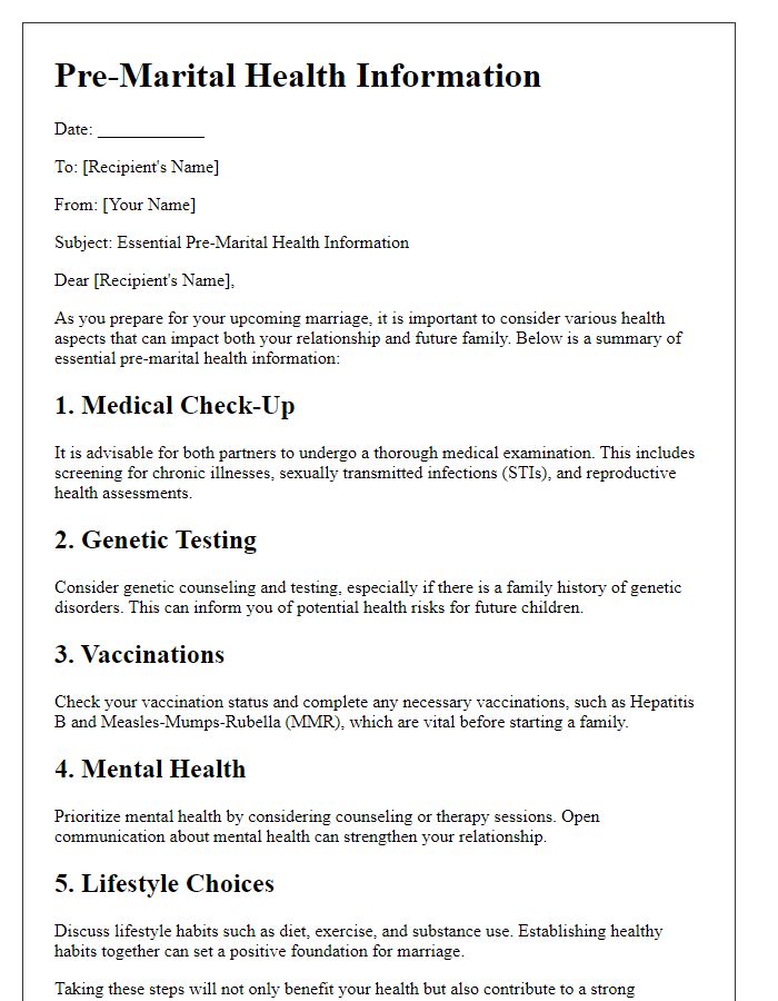 Letter template of essential pre-marital health information