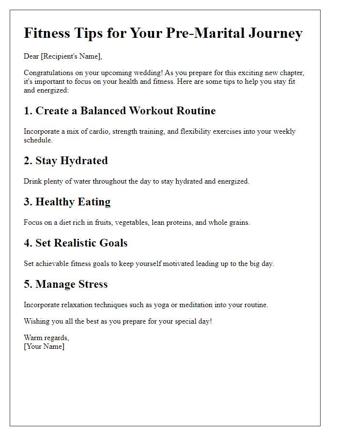 Letter template of fitness tips for pre-marital preparation