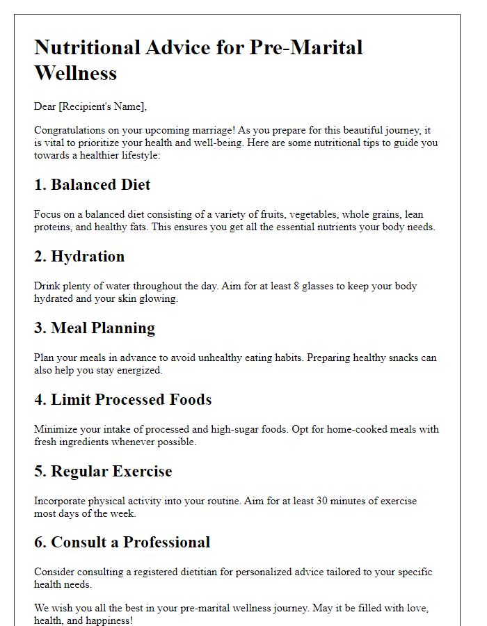 Letter template of nutritional advice for pre-marital wellness