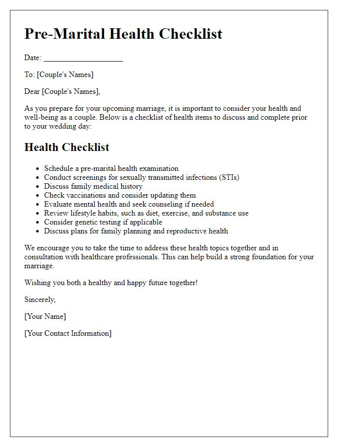 Letter template of pre-marital health checklist for couples