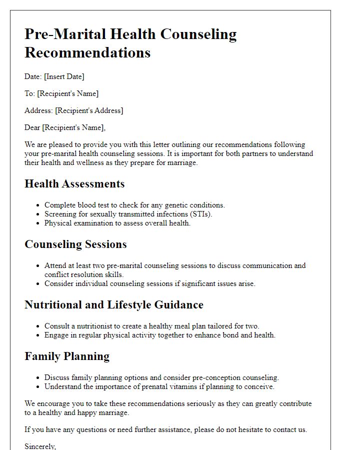 Letter template of pre-marital health counseling recommendations