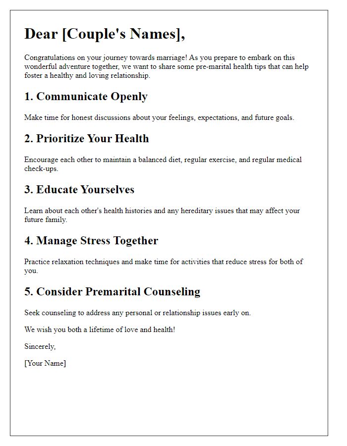 Letter template of pre-marital health tips for a healthy relationship