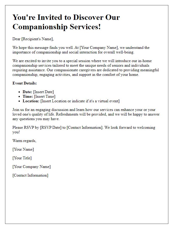 Letter template of in-home care service invitation for companionship services