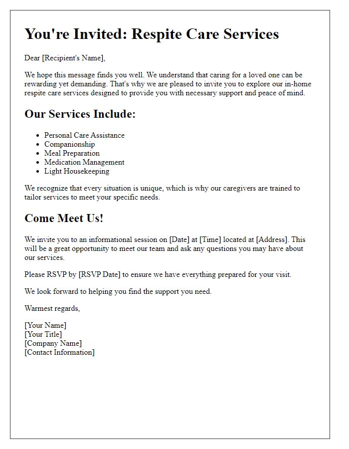 Letter template of in-home care service invitation for respite care needs