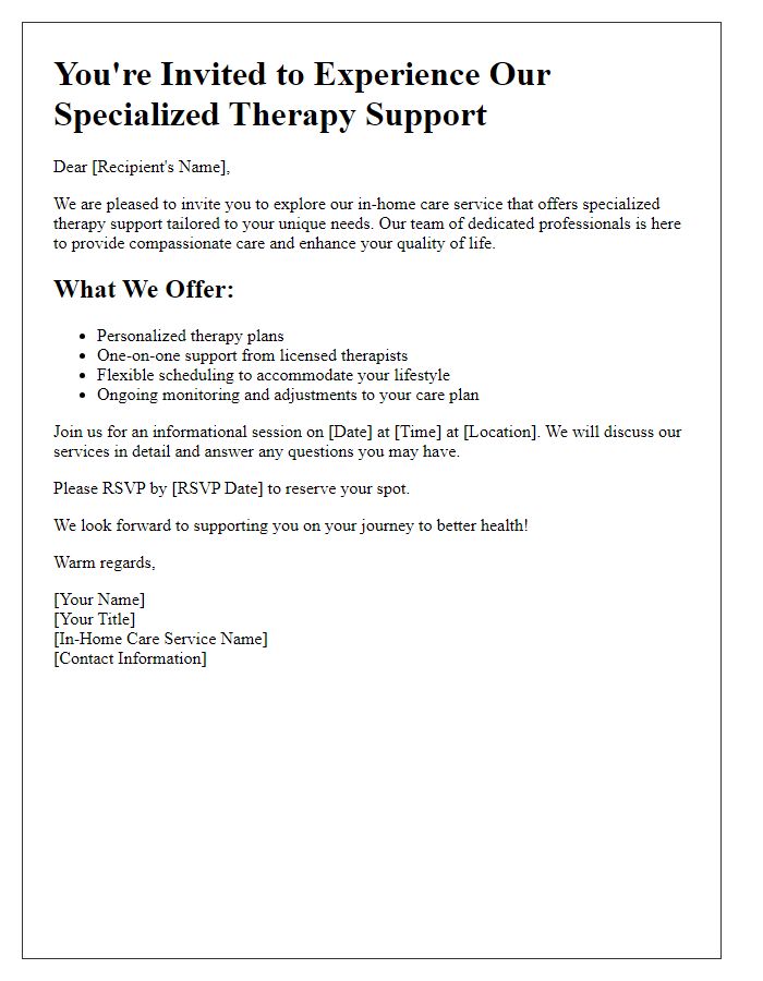 Letter template of in-home care service invitation for specialized therapy support