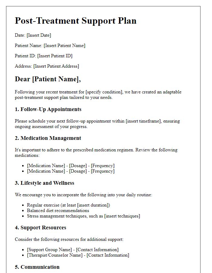 Letter template of an adaptable post-treatment support plan