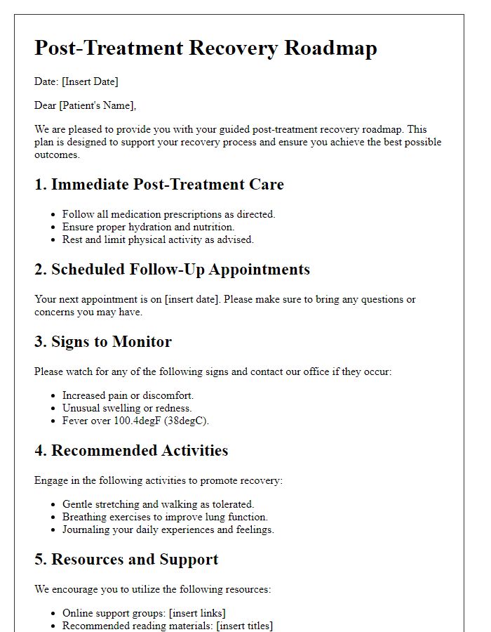 Letter template of a guided post-treatment recovery roadmap