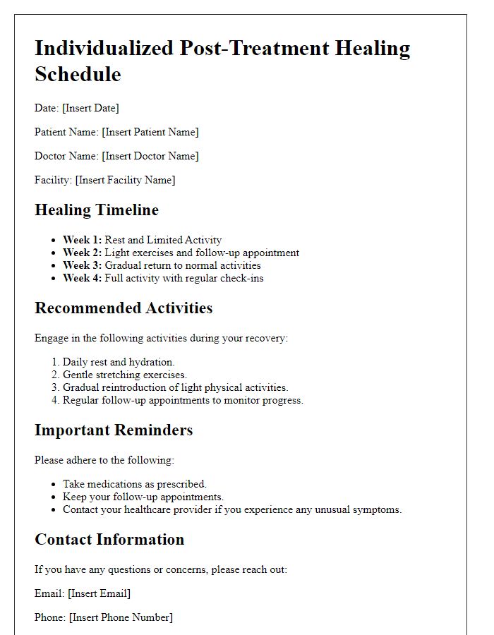 Letter template of an individualized post-treatment healing schedule